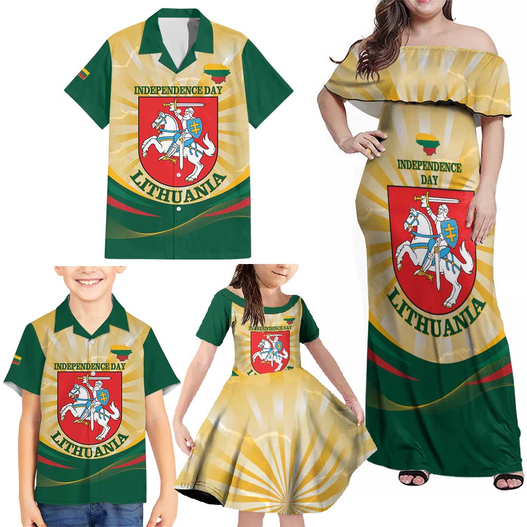 Personalised Lithuania Independence Day Family Matching Off Shoulder Maxi Dress and Hawaiian Shirt Coat Of Arms Proud - Wonder Print Shop