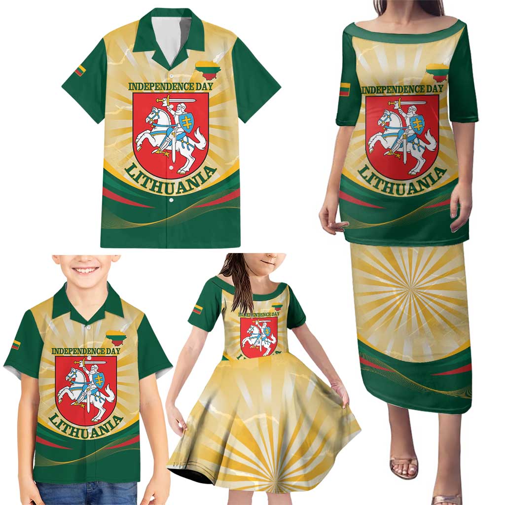 Personalised Lithuania Independence Day Family Matching Puletasi and Hawaiian Shirt Coat Of Arms Proud - Wonder Print Shop