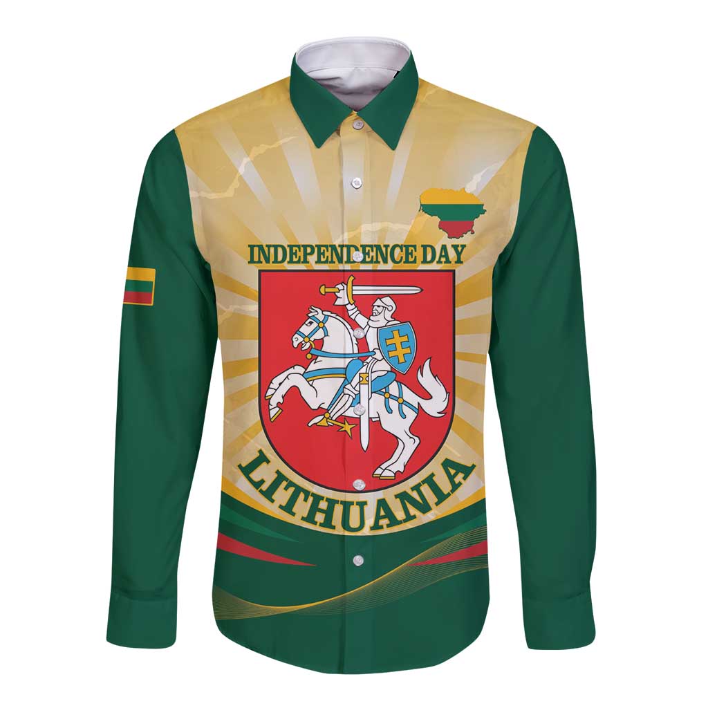 Personalised Lithuania Independence Day Long Sleeve Button Shirt Coat Of Arms Proud - Wonder Print Shop