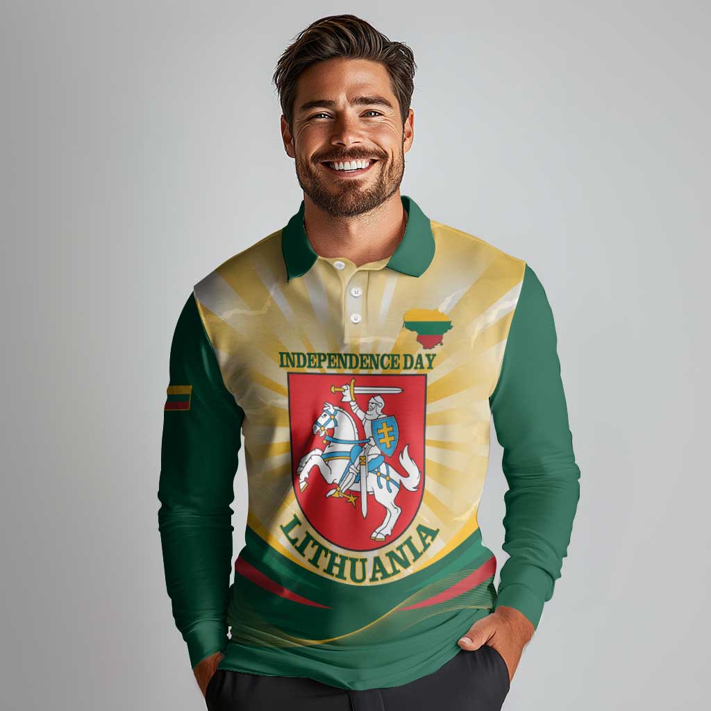 Personalised Lithuania Independence Day Long Sleeve Polo Shirt Coat Of Arms Proud - Wonder Print Shop