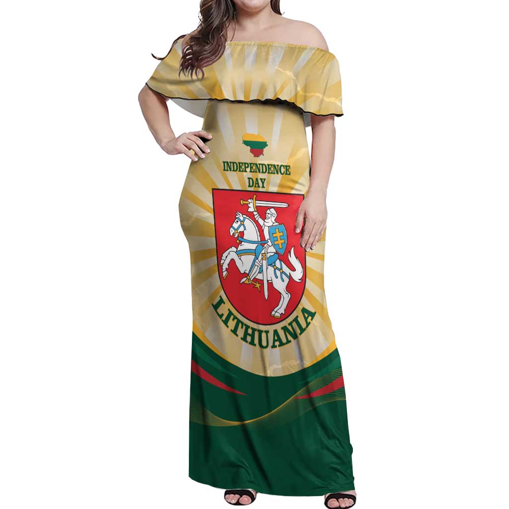 Personalised Lithuania Independence Day Off Shoulder Maxi Dress Coat Of Arms Proud - Wonder Print Shop