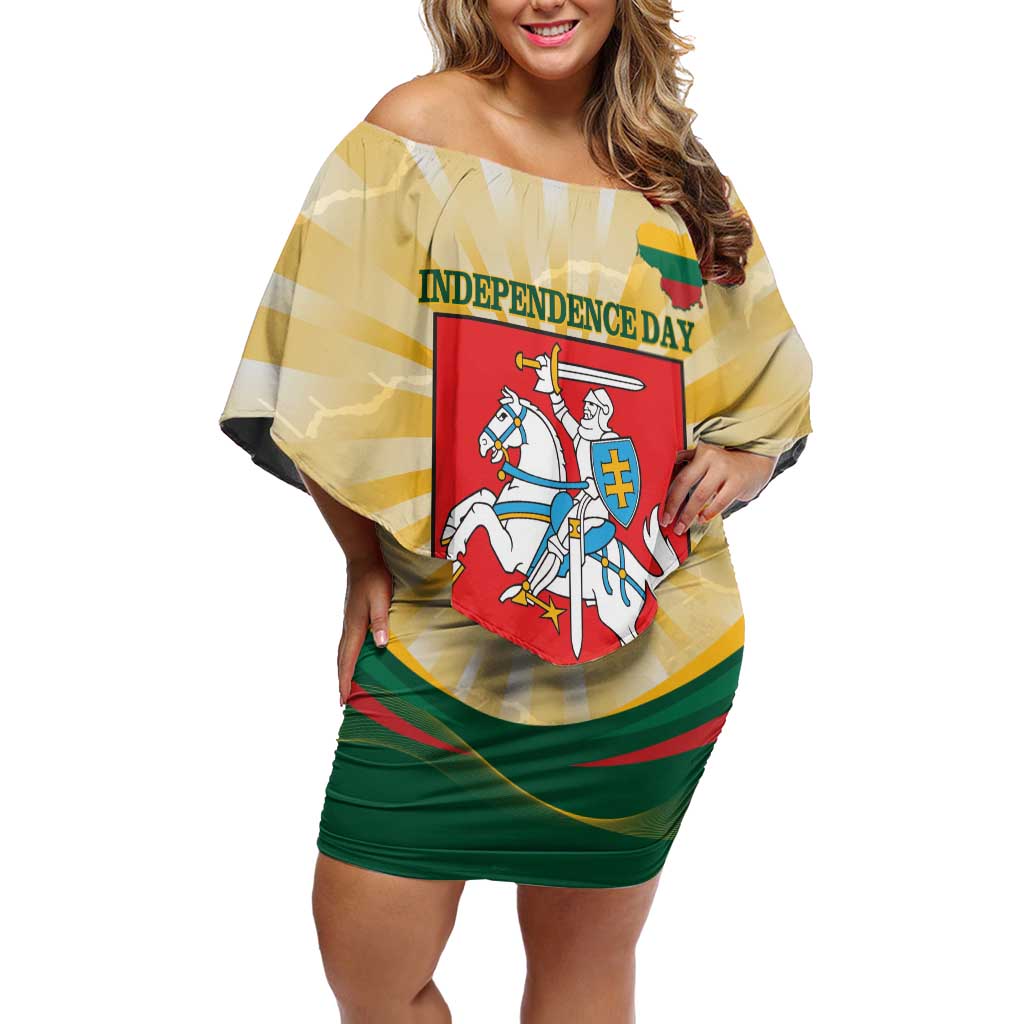 Personalised Lithuania Independence Day Off Shoulder Short Dress Coat Of Arms Proud - Wonder Print Shop