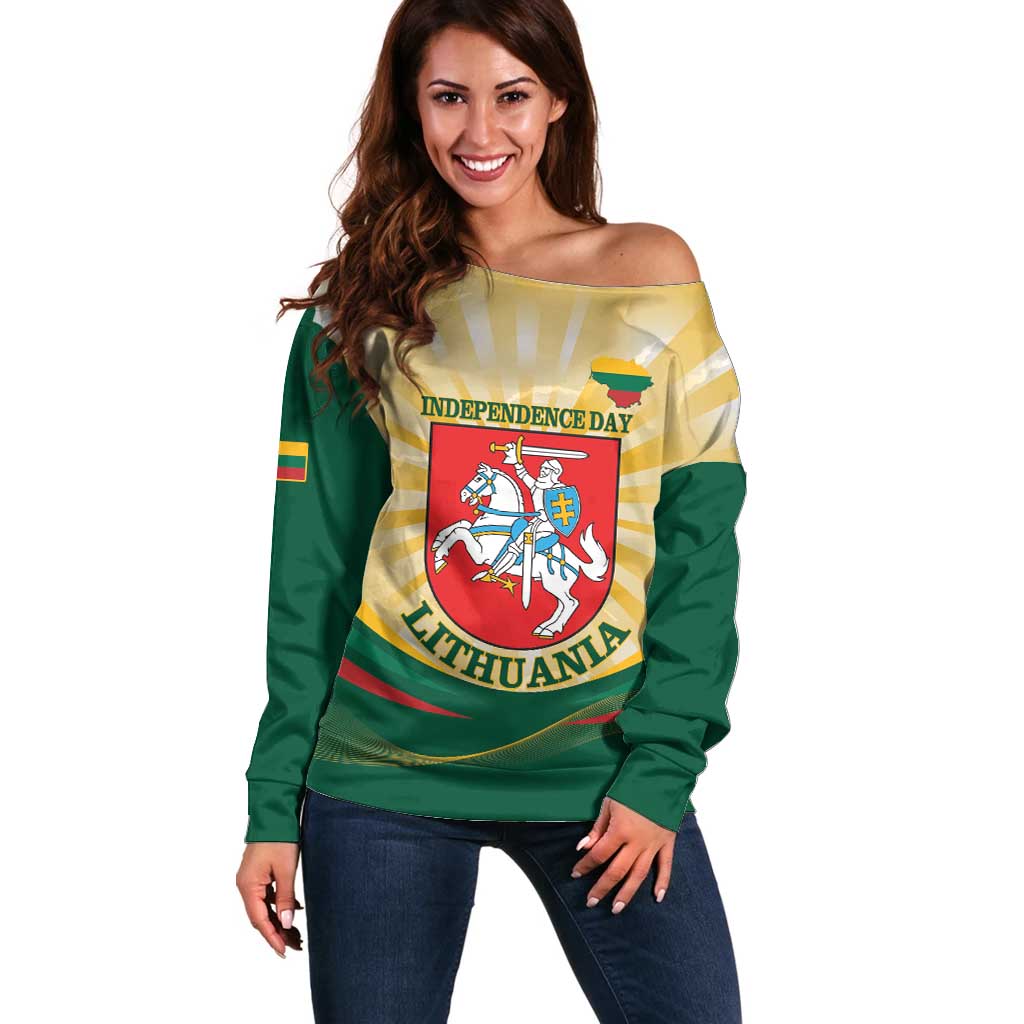 Personalised Lithuania Independence Day Off Shoulder Sweater Coat Of Arms Proud - Wonder Print Shop