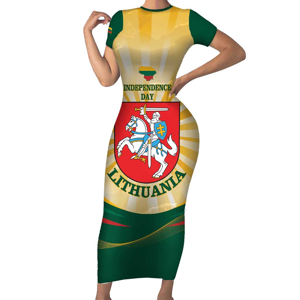 Personalised Lithuania Independence Day Short Sleeve Bodycon Dress Coat Of Arms Proud - Wonder Print Shop