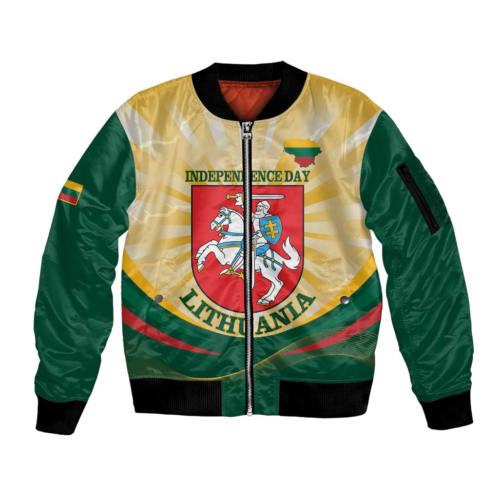 Personalised Lithuania Independence Day Sleeve Zip Bomber Jacket Coat Of Arms Proud - Wonder Print Shop