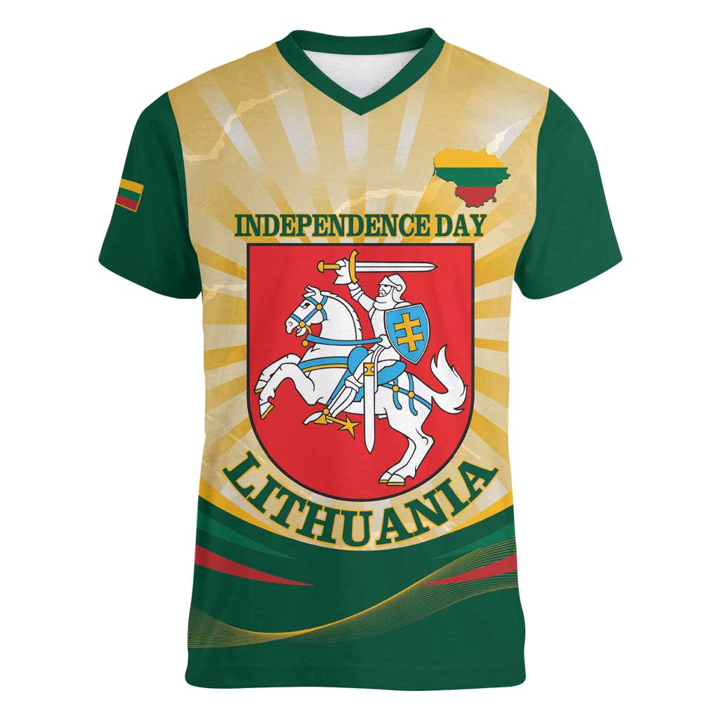 Personalised Lithuania Independence Day Women V-Neck T-Shirt Coat Of Arms Proud - Wonder Print Shop