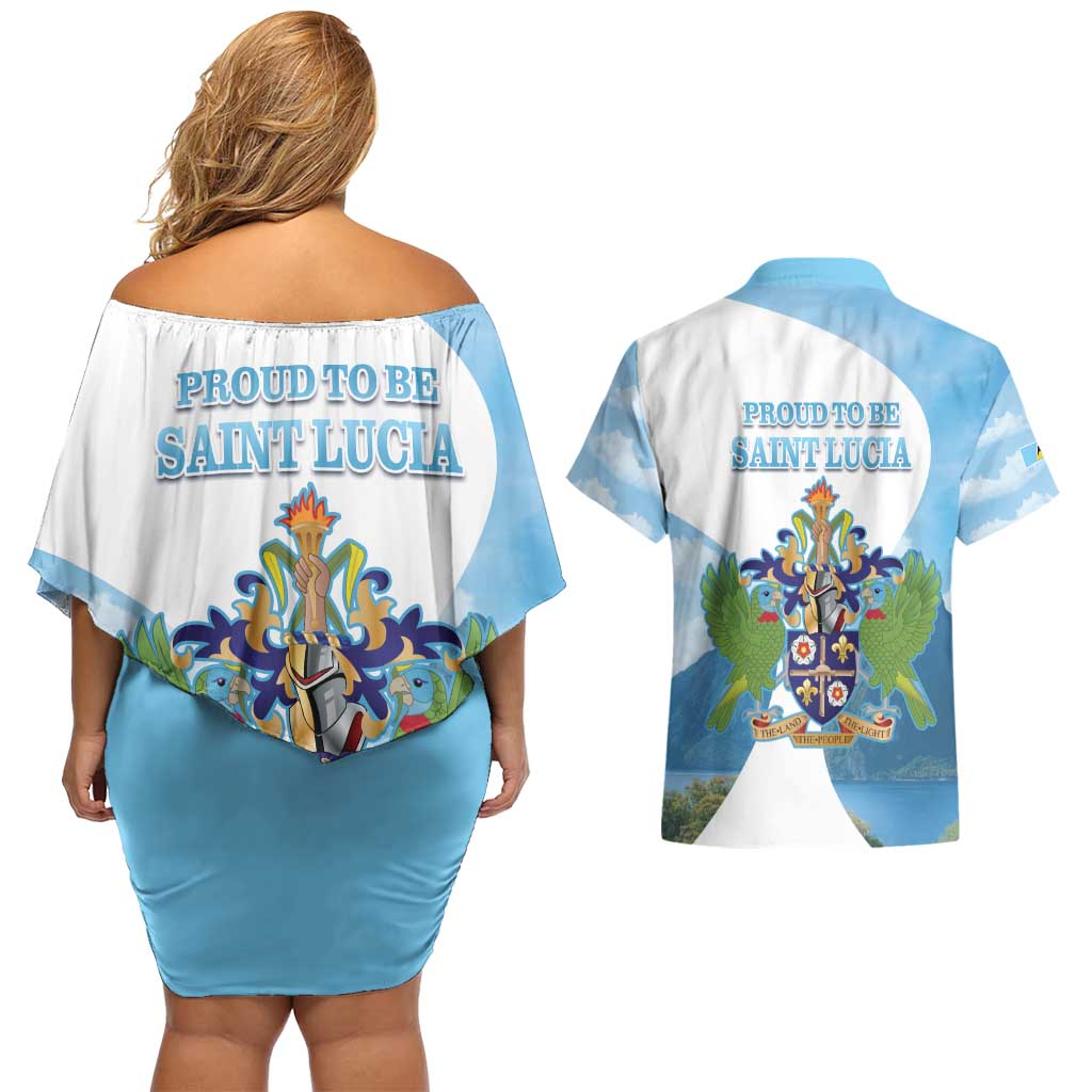 Proud To Be Saint Lucia 758 Couples Matching Off Shoulder Short Dress and Hawaiian Shirt Pitons With Map - Wonder Print Shop