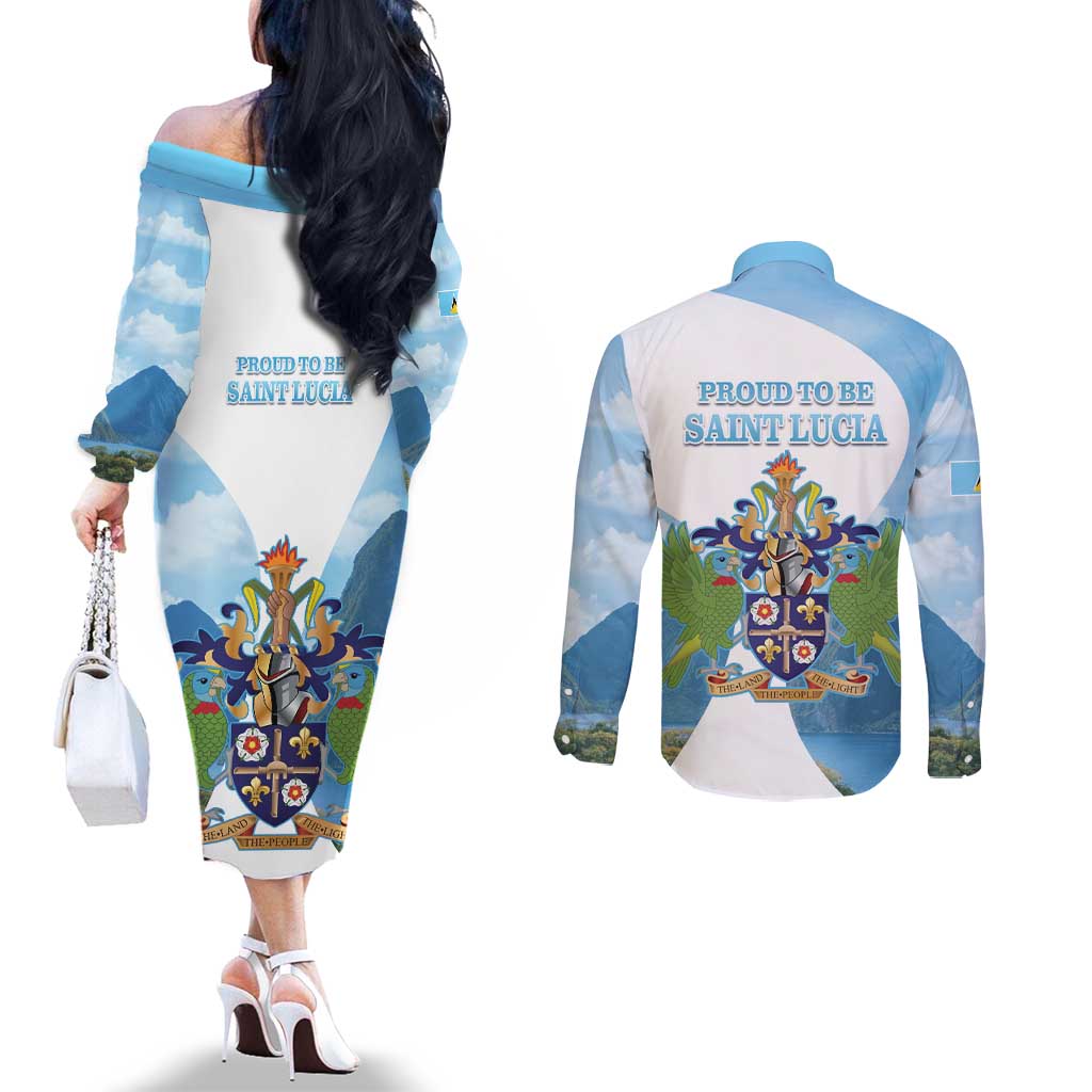 Proud To Be Saint Lucia 758 Couples Matching Off The Shoulder Long Sleeve Dress and Long Sleeve Button Shirt Pitons With Map
