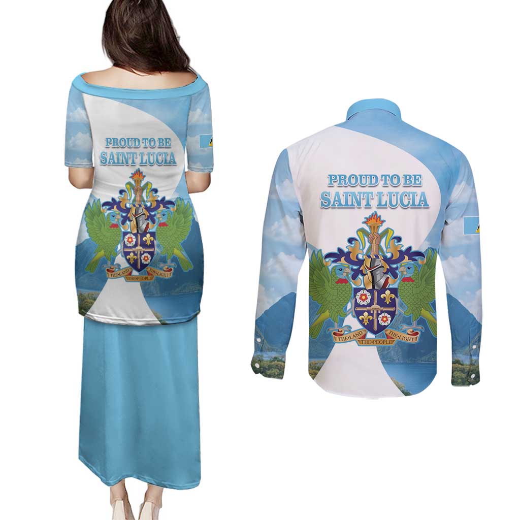 Proud To Be Saint Lucia 758 Couples Matching Puletasi and Long Sleeve Button Shirt Pitons With Map - Wonder Print Shop