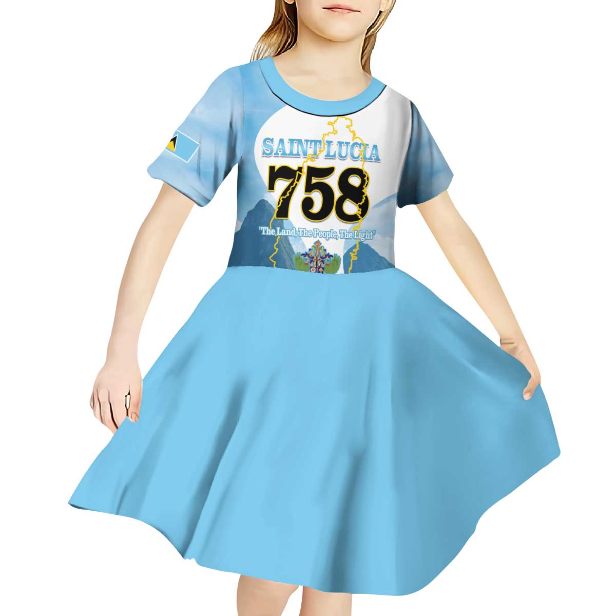 Proud To Be Saint Lucia 758 Kid Short Sleeve Dress Pitons With Map - Wonder Print Shop