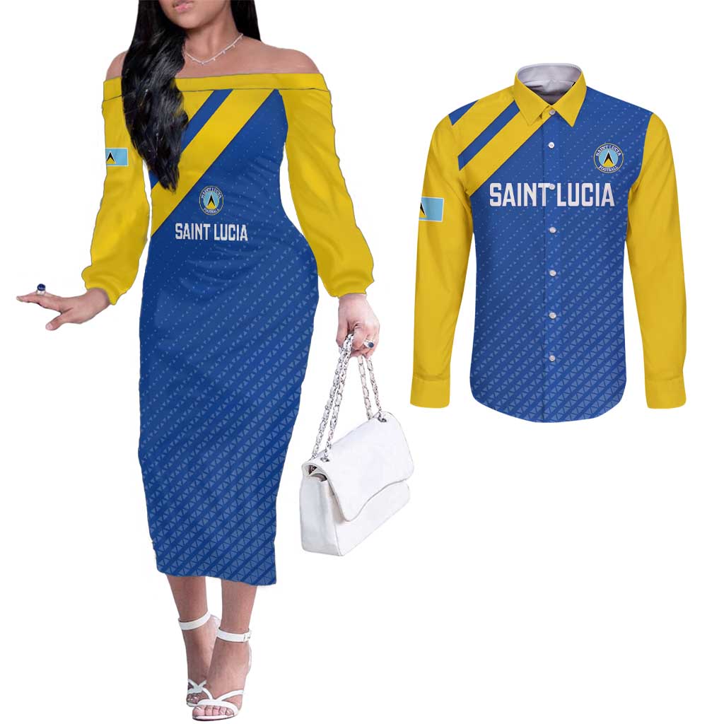 Custom Saint Lucia Football Couples Matching Off The Shoulder Long Sleeve Dress and Long Sleeve Button Shirt 2025 Go Champions