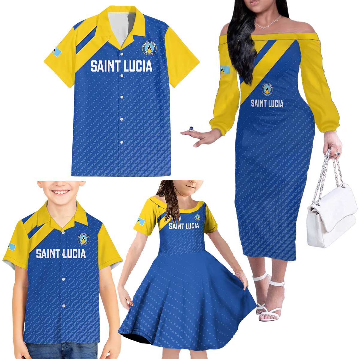 Custom Saint Lucia Football Family Matching Off The Shoulder Long Sleeve Dress and Hawaiian Shirt 2025 Go Champions - Wonder Print Shop