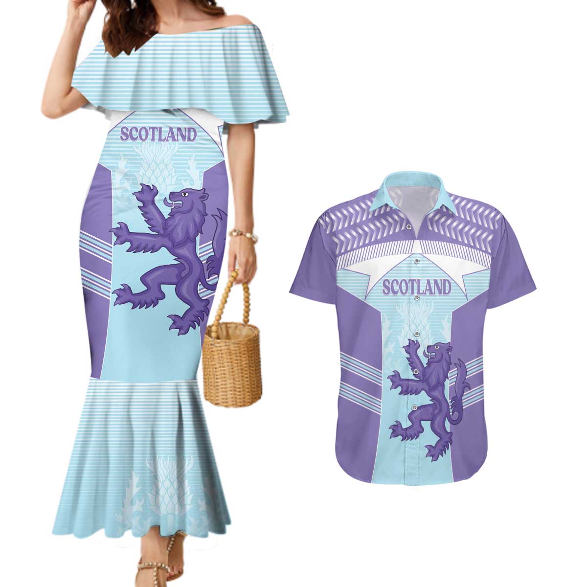 Scotland Football Custom Couples Matching Mermaid Dress and Hawaiian Shirt 2026 Come On Scottish Dragon Thistle Cyan - Wonder Print Shop