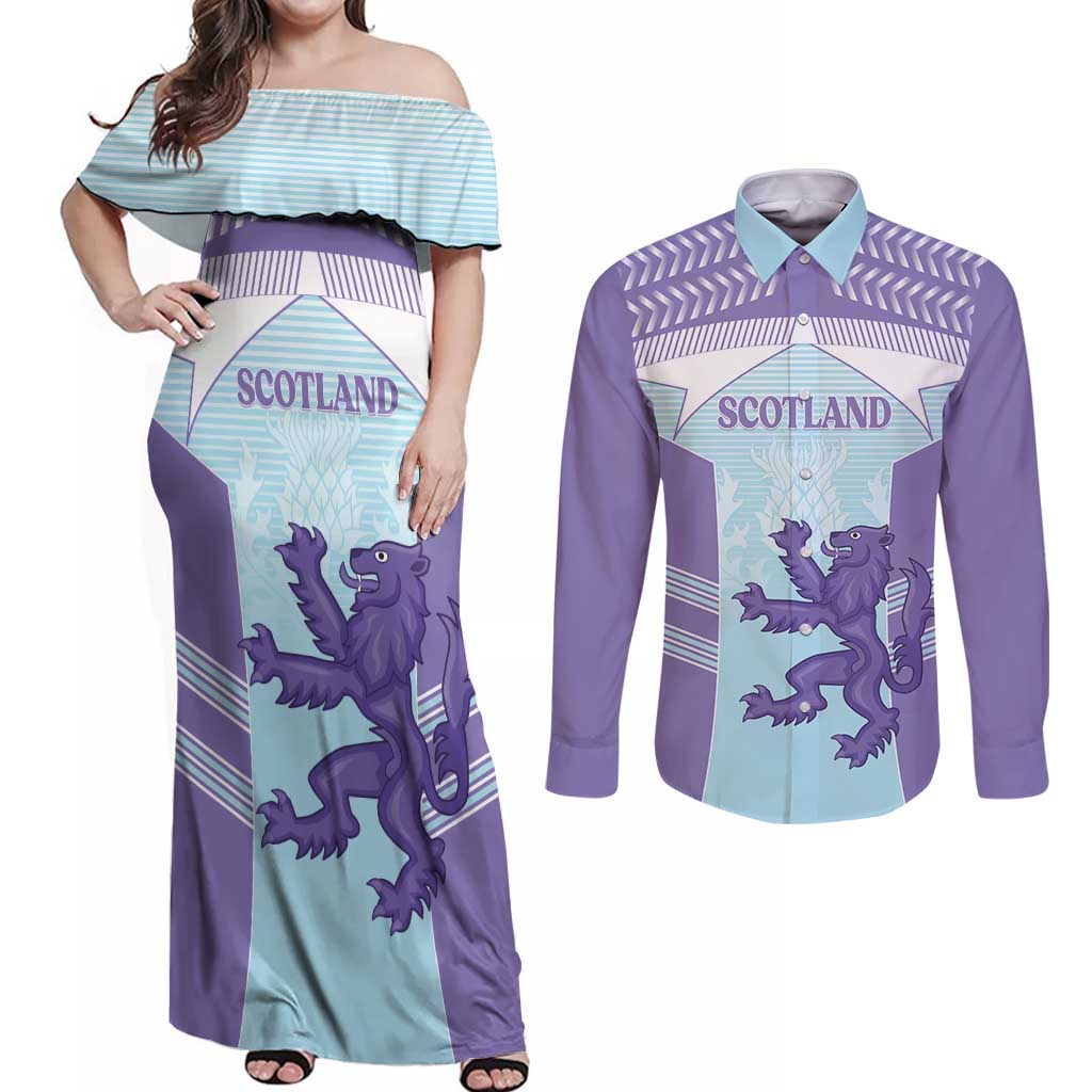 Scotland Football Custom Couples Matching Off Shoulder Maxi Dress and Long Sleeve Button Shirt 2026 Come On Scottish Dragon Thistle Cyan - Wonder Print Shop