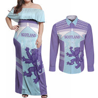 Scotland Football Custom Couples Matching Off Shoulder Maxi Dress and Long Sleeve Button Shirt 2026 Come On Scottish Dragon Thistle Cyan - Wonder Print Shop