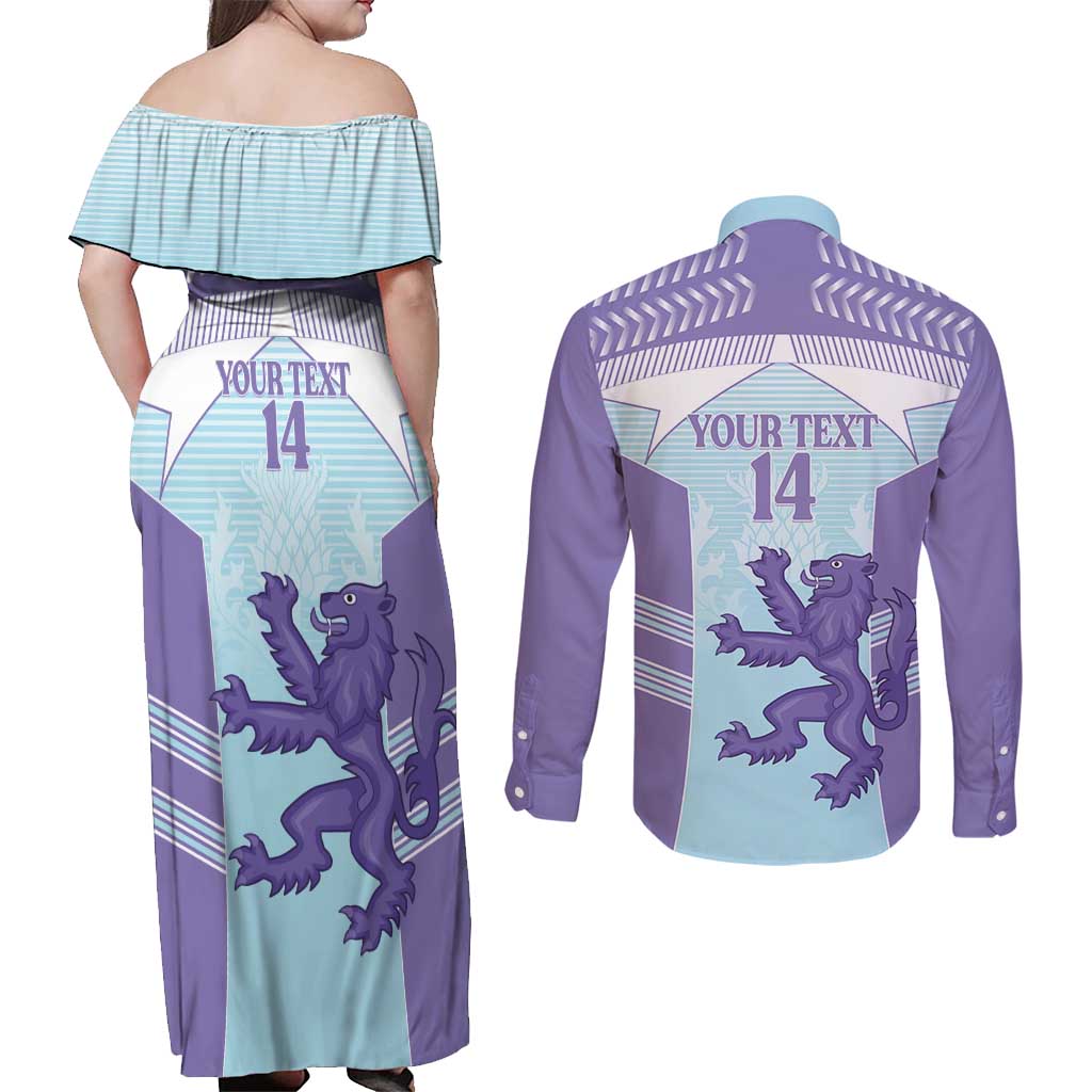 Scotland Football Custom Couples Matching Off Shoulder Maxi Dress and Long Sleeve Button Shirt 2026 Come On Scottish Dragon Thistle Cyan - Wonder Print Shop