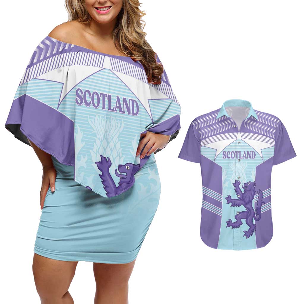 Scotland Football Custom Couples Matching Off Shoulder Short Dress and Hawaiian Shirt 2026 Come On Scottish Dragon Thistle Cyan - Wonder Print Shop
