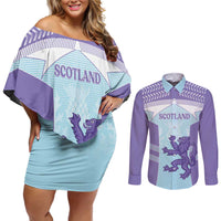 Scotland Football Custom Couples Matching Off Shoulder Short Dress and Long Sleeve Button Shirt 2026 Come On Scottish Dragon Thistle Cyan - Wonder Print Shop