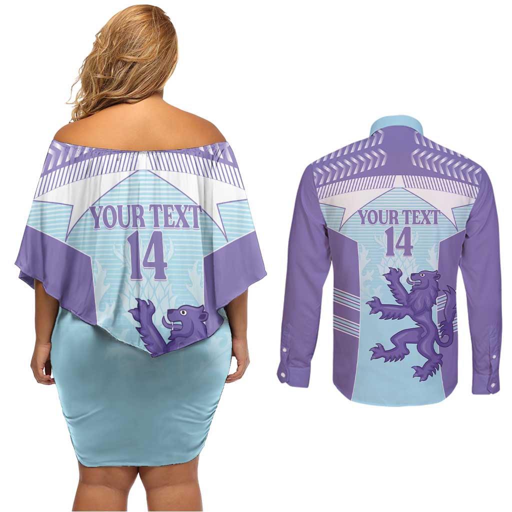 Scotland Football Custom Couples Matching Off Shoulder Short Dress and Long Sleeve Button Shirt 2026 Come On Scottish Dragon Thistle Cyan - Wonder Print Shop