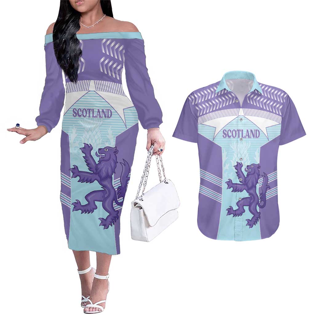 Scotland Football Custom Couples Matching Off The Shoulder Long Sleeve Dress and Hawaiian Shirt 2026 Come On Scottish Dragon Thistle Cyan - Wonder Print Shop