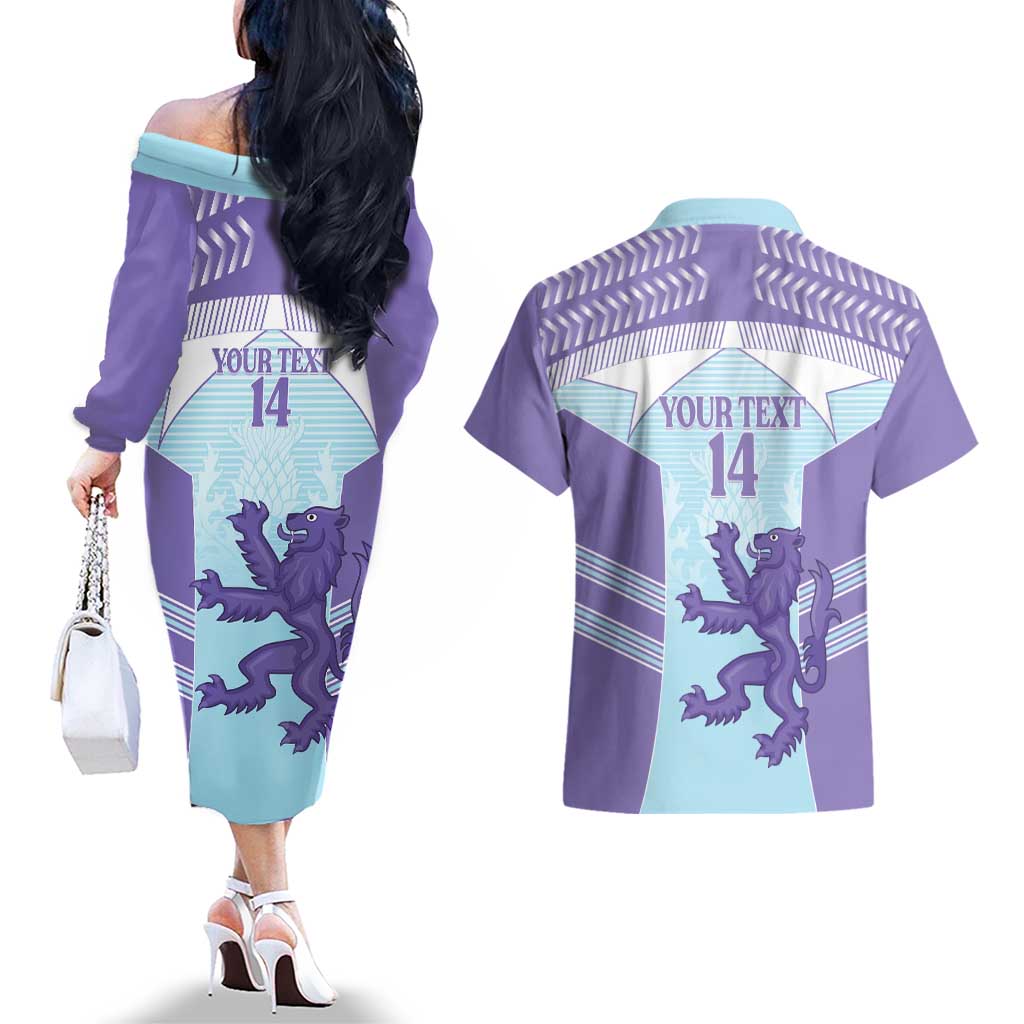 Scotland Football Custom Couples Matching Off The Shoulder Long Sleeve Dress and Hawaiian Shirt 2026 Come On Scottish Dragon Thistle Cyan - Wonder Print Shop