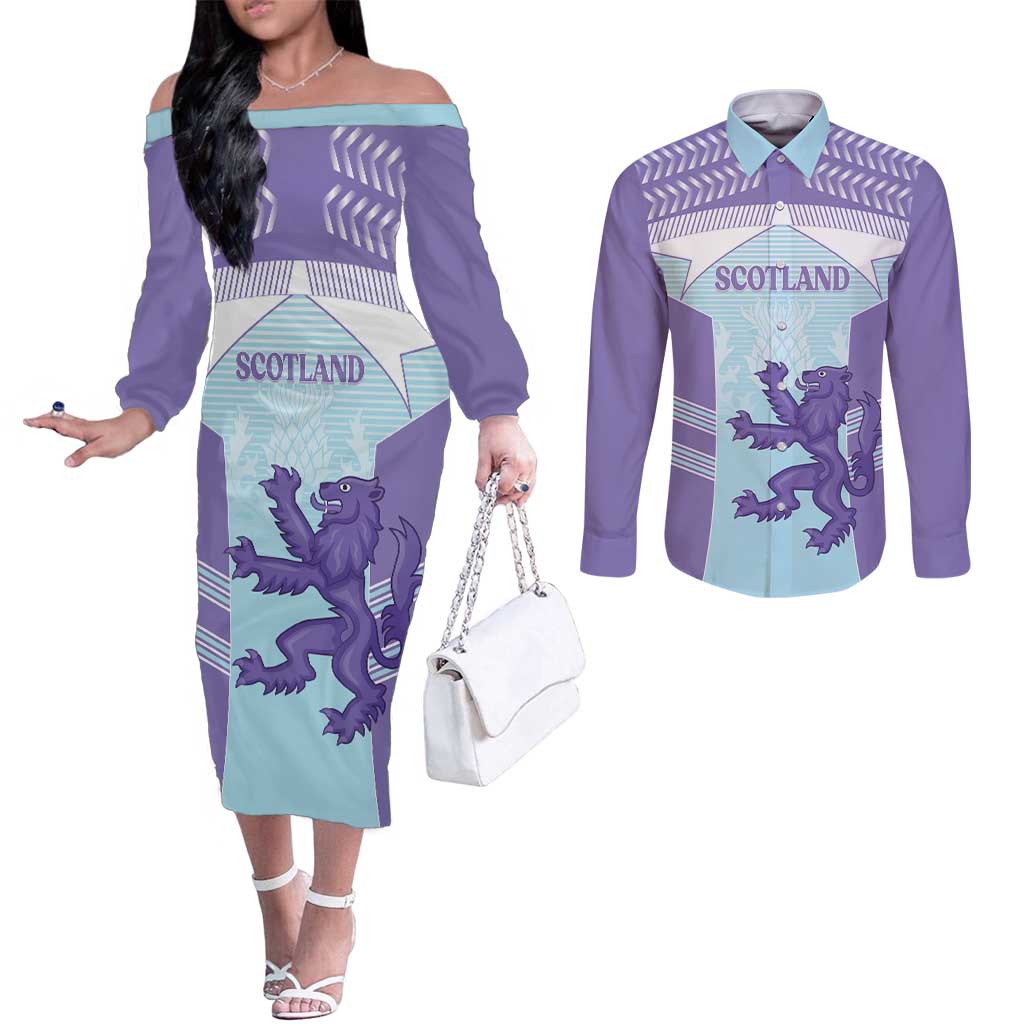 Scotland Football Custom Couples Matching Off The Shoulder Long Sleeve Dress and Long Sleeve Button Shirt 2026 Come On Scottish Dragon Thistle Cyan - Wonder Print Shop