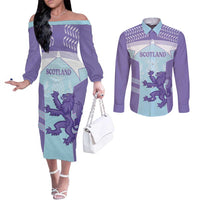 Scotland Football Custom Couples Matching Off The Shoulder Long Sleeve Dress and Long Sleeve Button Shirt 2026 Come On Scottish Dragon Thistle Cyan - Wonder Print Shop