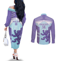 Scotland Football Custom Couples Matching Off The Shoulder Long Sleeve Dress and Long Sleeve Button Shirt 2026 Come On Scottish Dragon Thistle Cyan - Wonder Print Shop