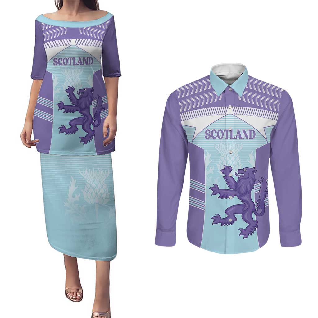 Scotland Football Custom Couples Matching Puletasi and Long Sleeve Button Shirt 2026 Come On Scottish Dragon Thistle Cyan - Wonder Print Shop