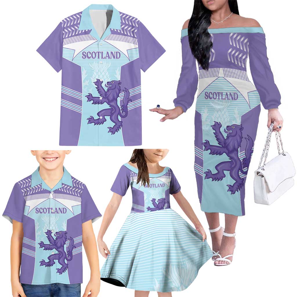 Scotland Football Custom Family Matching Off The Shoulder Long Sleeve Dress and Hawaiian Shirt 2026 Come On Scottish Dragon Thistle Cyan - Wonder Print Shop