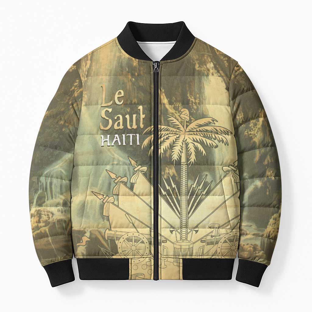 Personalized Afro Haiti Le Saut Bomber Puffer Jacket Ayiti Waterfall Vintage Grunge Style - Wonder Print Shop