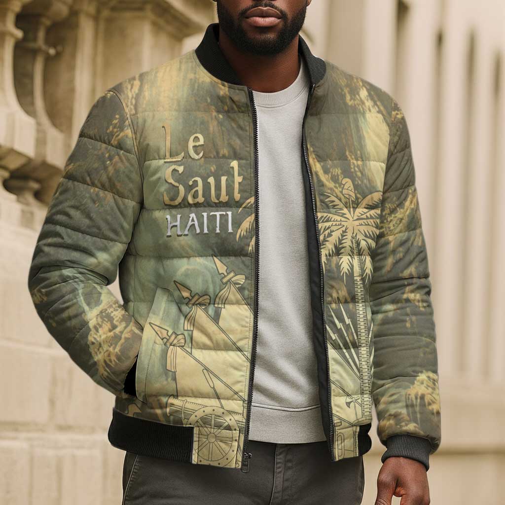 Personalized Afro Haiti Le Saut Bomber Puffer Jacket Ayiti Waterfall Vintage Grunge Style - Wonder Print Shop