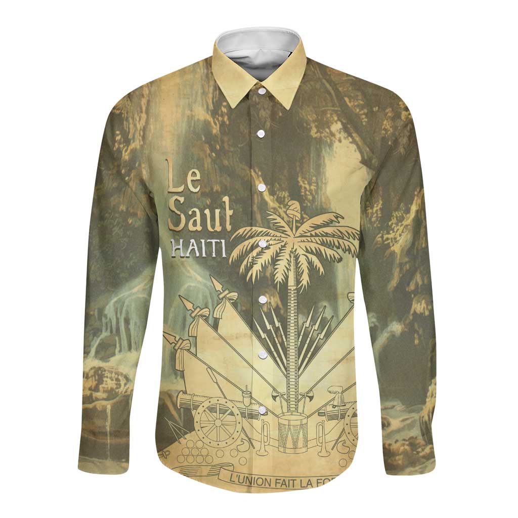 Personalized Afro Haiti Le Saut Long Sleeve Button Shirt Ayiti Waterfall Vintage Grunge Style - Wonder Print Shop