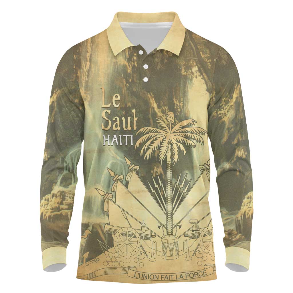Personalized Afro Haiti Le Saut Long Sleeve Polo Shirt Ayiti Waterfall Vintage Grunge Style - Wonder Print Shop