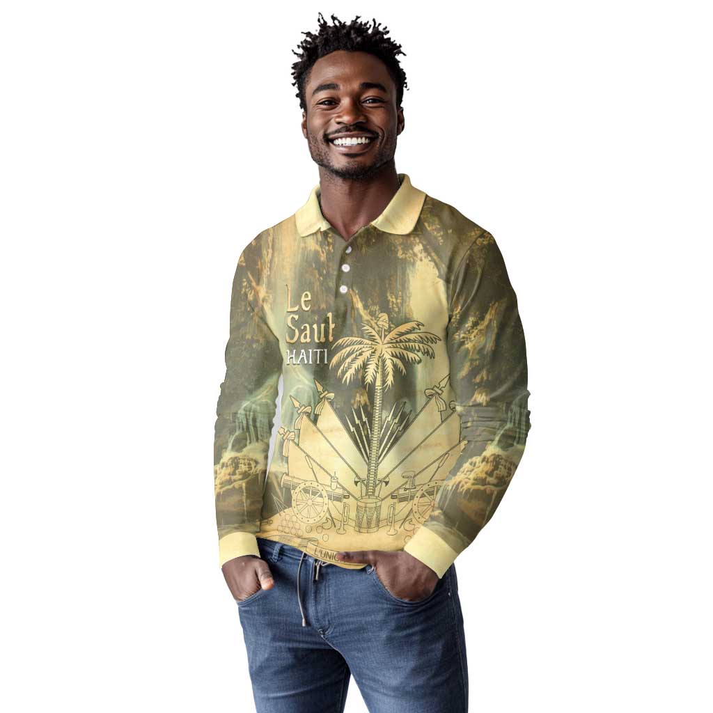 Personalized Afro Haiti Le Saut Long Sleeve Polo Shirt Ayiti Waterfall Vintage Grunge Style - Wonder Print Shop