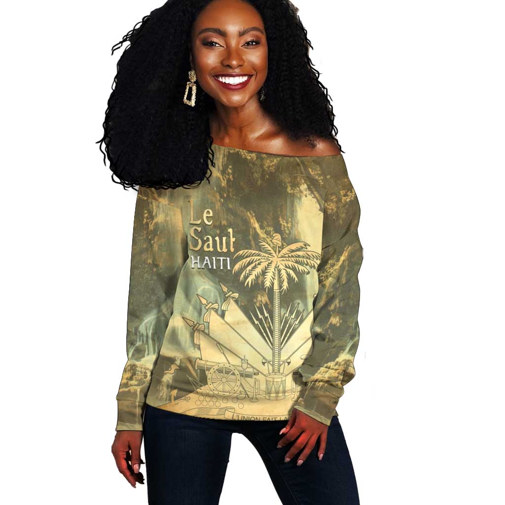 Personalized Afro Haiti Le Saut Off Shoulder Sweater Ayiti Waterfall Vintage Grunge Style - Wonder Print Shop