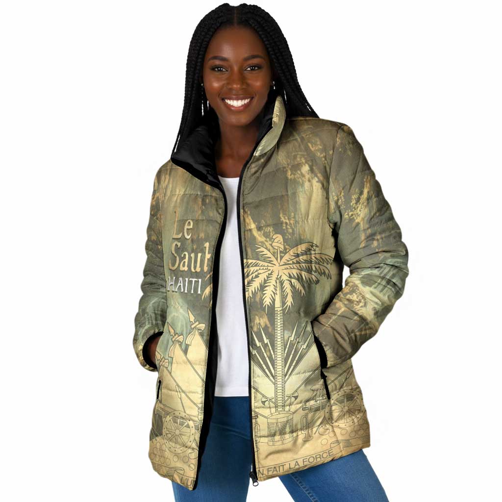 Personalized Afro Haiti Le Saut Padded Jacket Ayiti Waterfall Vintage Grunge Style - Wonder Print Shop