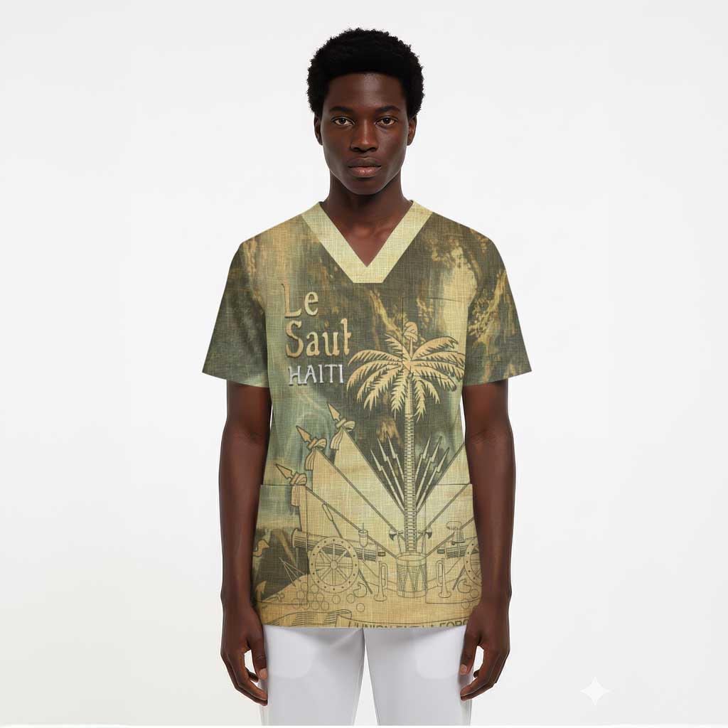 Personalized Afro Haiti Le Saut Scrub Top Ayiti Waterfall Vintage Grunge Style - Wonder Print Shop