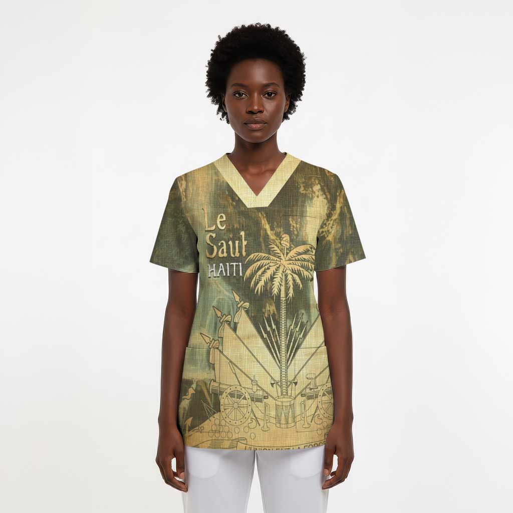 Personalized Afro Haiti Le Saut Scrub Top Ayiti Waterfall Vintage Grunge Style - Wonder Print Shop