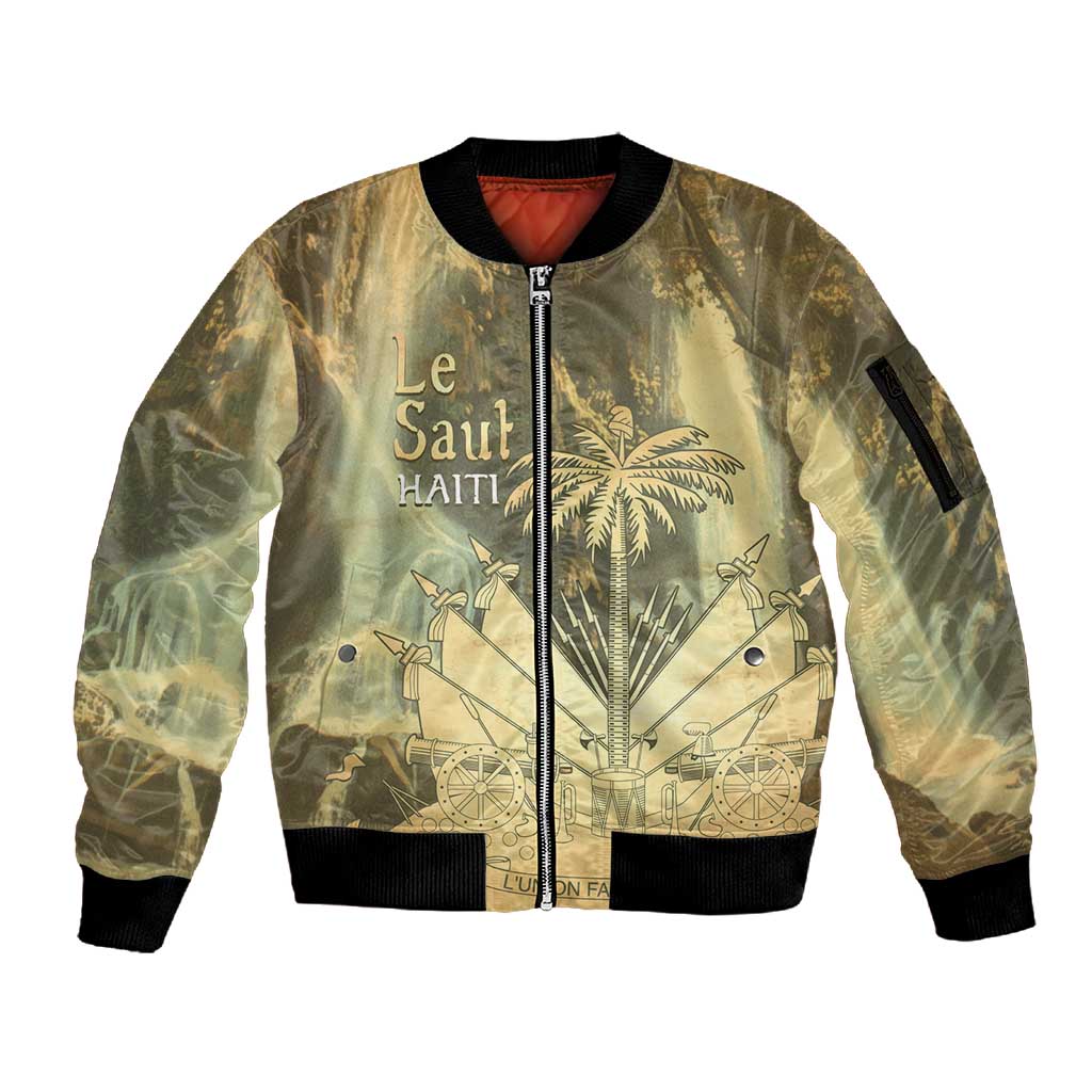 Personalized Afro Haiti Le Saut Sleeve Zip Bomber Jacket Ayiti Waterfall Vintage Grunge Style - Wonder Print Shop