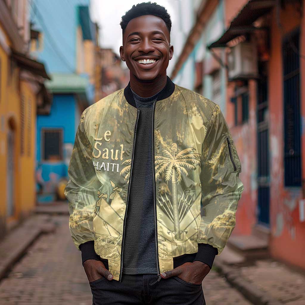 Personalized Afro Haiti Le Saut Sleeve Zip Bomber Jacket Ayiti Waterfall Vintage Grunge Style - Wonder Print Shop
