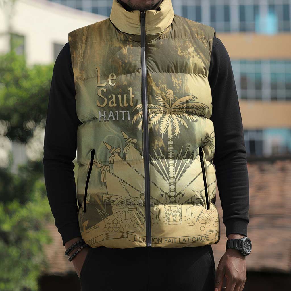 Personalized Afro Haiti Le Saut Sleeveless Puffer Jacket Ayiti Waterfall Vintage Grunge Style - Wonder Print Shop
