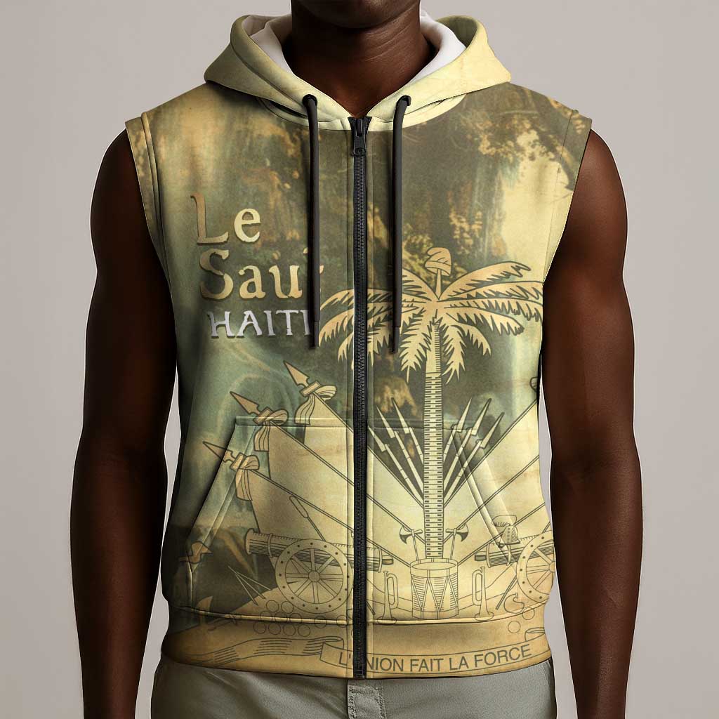 Personalized Afro Haiti Le Saut Sleeveless Zip Hoodie Ayiti Waterfall Vintage Grunge Style - Wonder Print Shop
