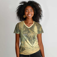 Personalized Afro Haiti Le Saut Women V-Neck T-Shirt Ayiti Waterfall Vintage Grunge Style - Wonder Print Shop