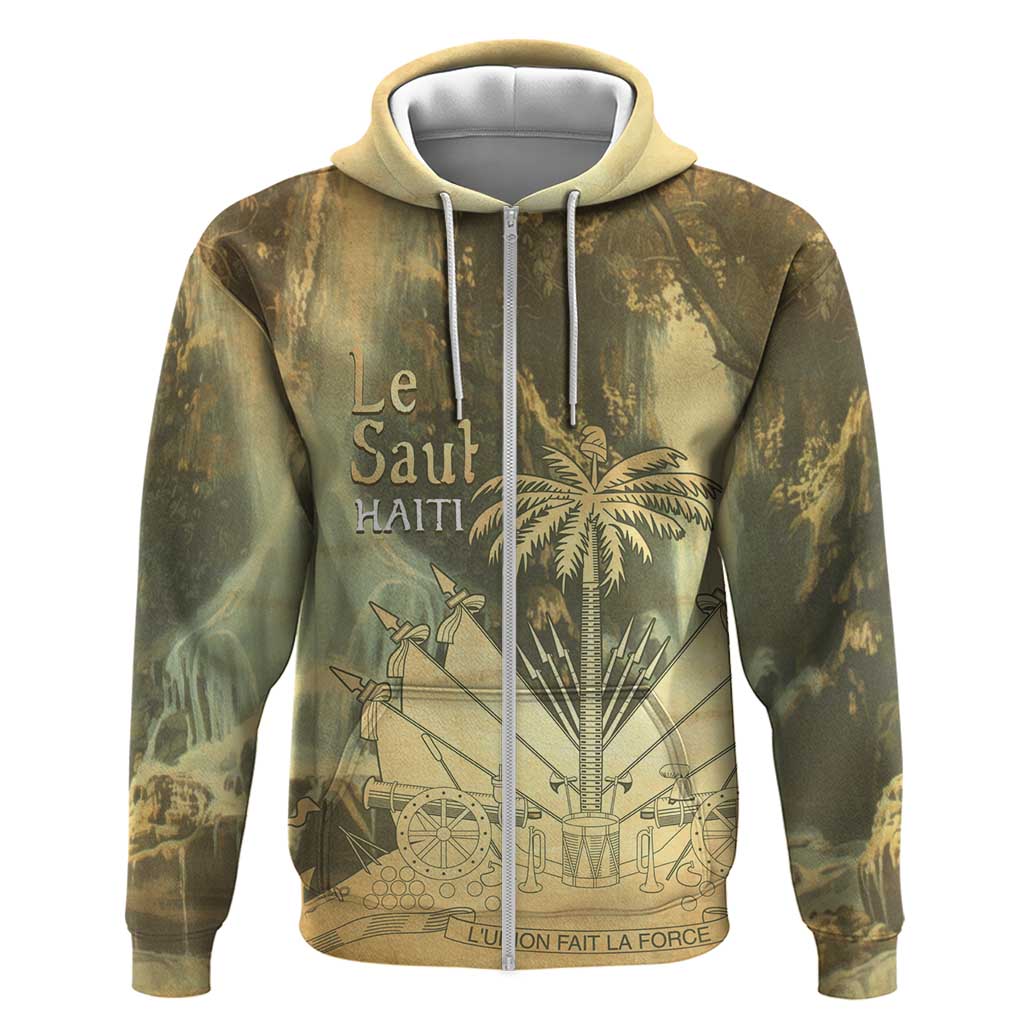 Personalized Afro Haiti Le Saut Zip Hoodie Ayiti Waterfall Vintage Grunge Style - Wonder Print Shop