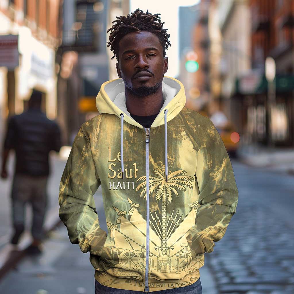 Personalized Afro Haiti Le Saut Zip Hoodie Ayiti Waterfall Vintage Grunge Style - Wonder Print Shop