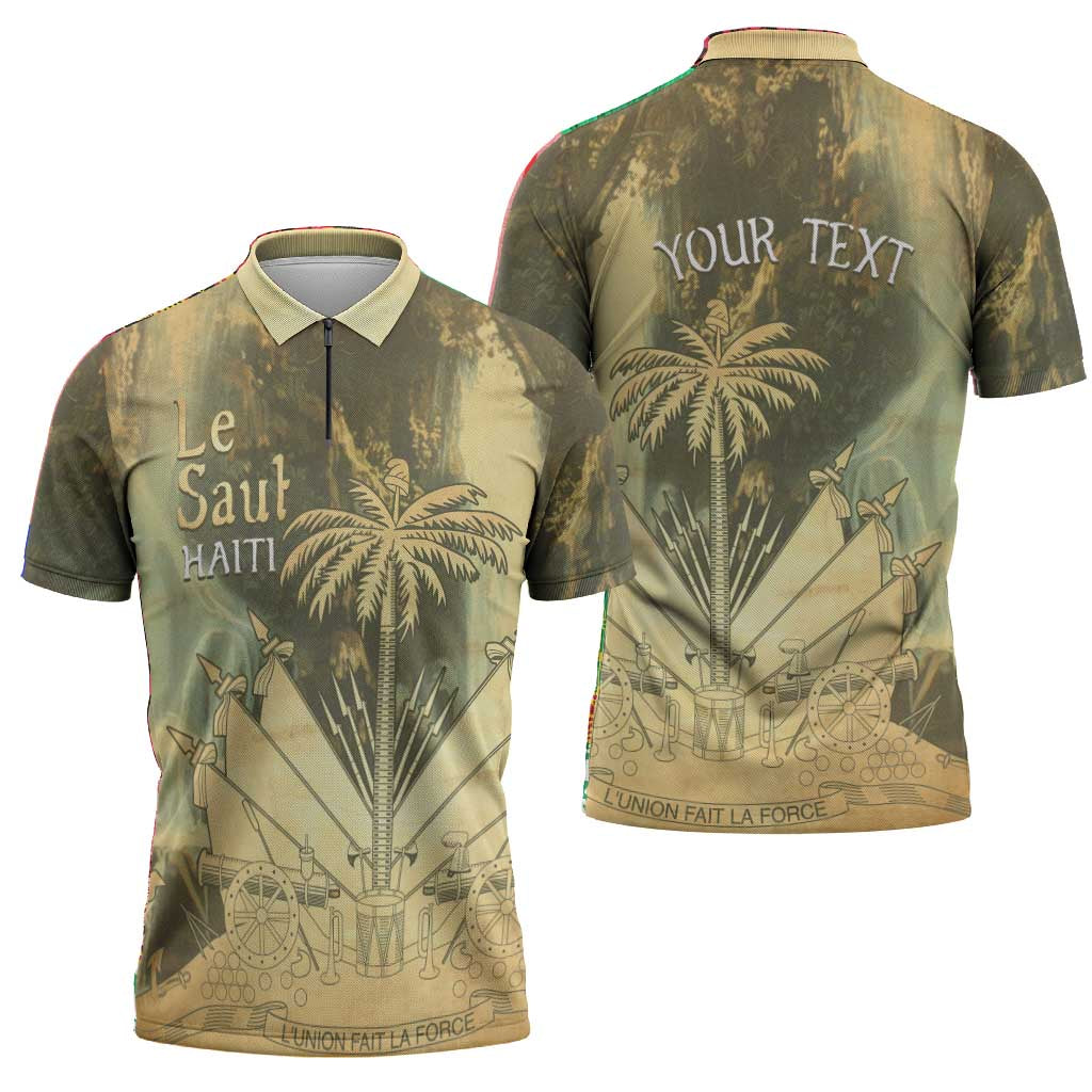 Personalized Afro Haiti Le Saut Zipper Polo Shirt Ayiti Waterfall Vintage Grunge Style - Wonder Print Shop