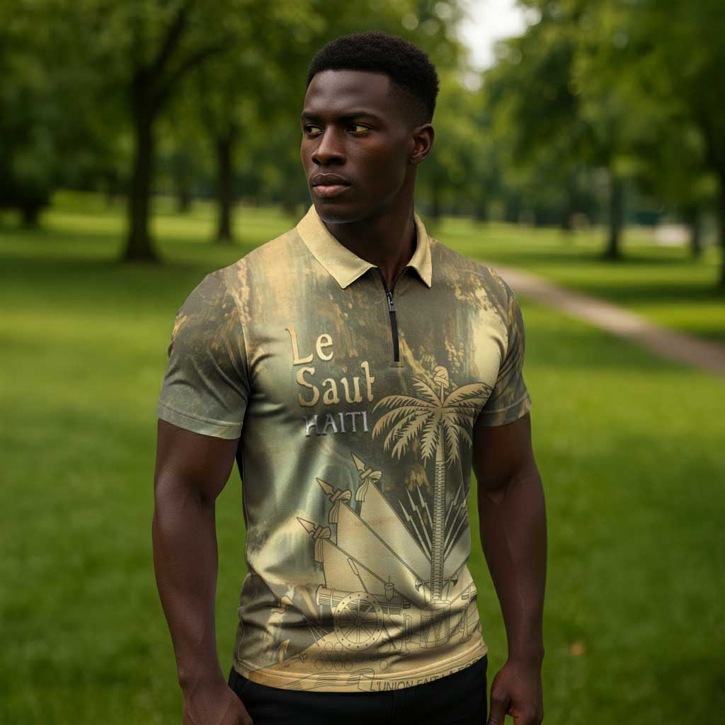 Personalized Afro Haiti Le Saut Zipper Polo Shirt Ayiti Waterfall Vintage Grunge Style - Wonder Print Shop