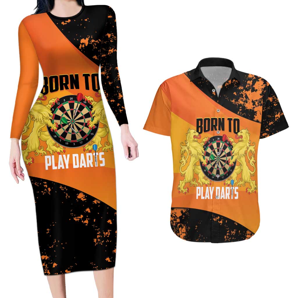 Personalised Netherlands Darts Couples Matching Long Sleeve Bodycon Dress and Hawaiian Shirt Born To Play Darts Grunge Style - Wonder Print Shop