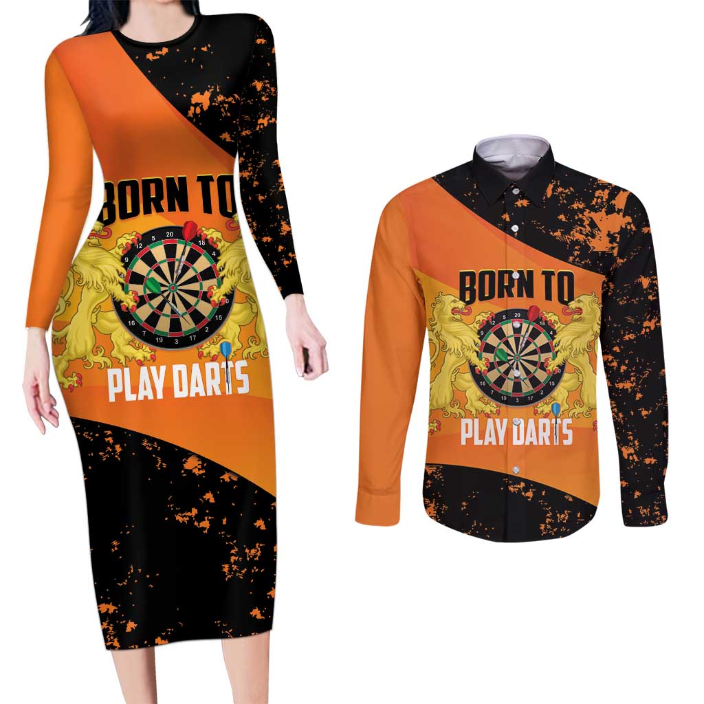 Personalised Netherlands Darts Couples Matching Long Sleeve Bodycon Dress and Long Sleeve Button Shirt Born To Play Darts Grunge Style - Wonder Print Shop